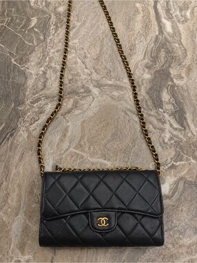 CHANEL Black Quilted Leather Crossbody with Gold Chain